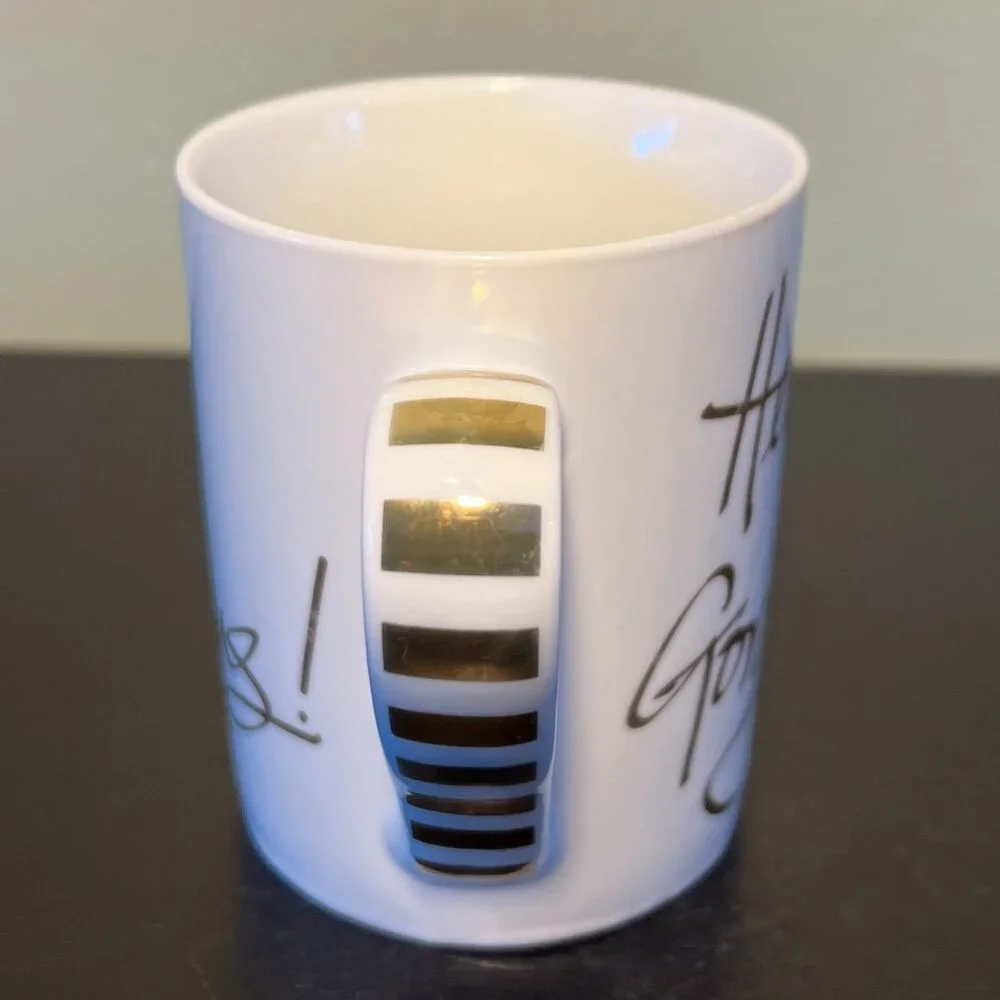 Pier 1 Hello Gorgeous Gold Ceramic Coffee Mug 14oz White Metallic Script